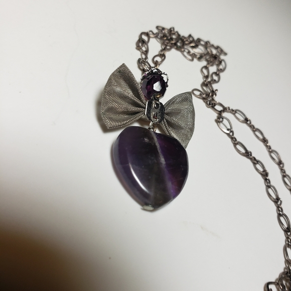 Vintage Amethyst Heart with Silver Mesh Bow Necklace on Sterling - Picture 11 of 14